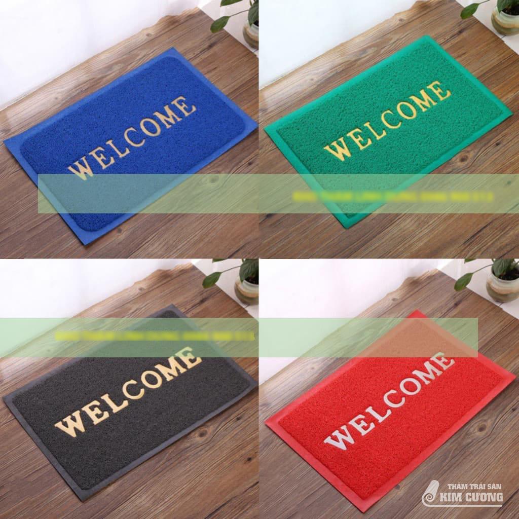 Thảm chùi chân welcome có 4 màu xanh lá - đỏ - ghi- xanh nước biển ( xanh da trời)